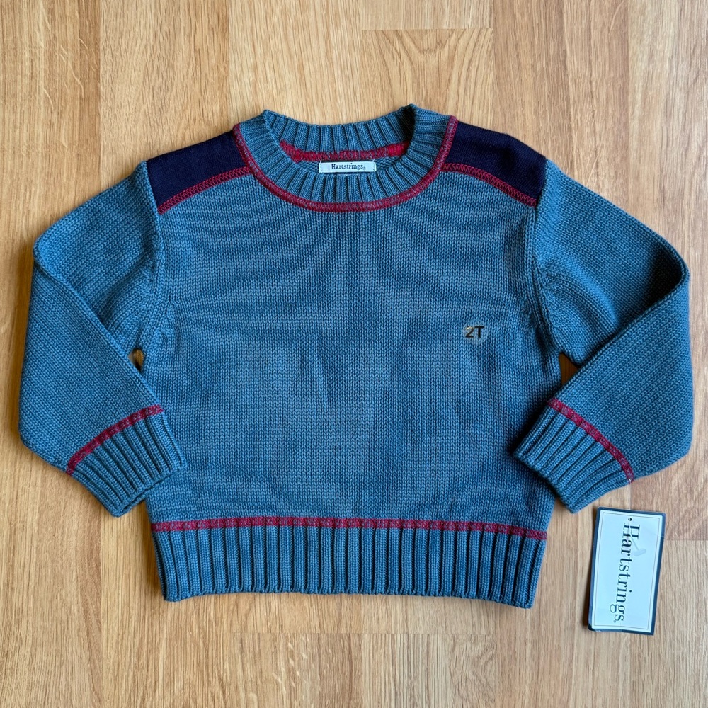 NWT Hartstrings Toddler Boy Knit Sweater- Blue with Red Trim